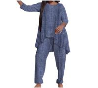 NSICBMNO Navy Two Piece Outfit Women Ribbed Loungewear Sets Plus Size Long Tunic Tops Elasticated Waist Trousers Co Ord Sets Casual Tracksuit Oversized Knitted Jumpers Lounge Pants Airport Outfits