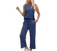 NSICBMNO Navy Two Piece Outfit Women Summer Lounge Sets Tracksuit Full Set Crew Neck Sleeveless Top Tunic Sweatshirt Elastic Waist Trousers Straight Leg Joggers Casual Co Ord Sets Airport Outfits