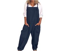 NSICBMNO Navy Women's Dungarees Summer Wide Leg Linen Jumpsuit Harem Dungarees Boho Romper Square Neck Playsuit Bib Pants All In One Jumpsuits Baggy Trousers Long Playsuit Beach Romper With Pocket