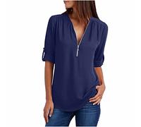 NSICBMNO Navy Women's Summer Tops Long Length T Shirts Short Sleeve Blouses V Neck T Shirts Half Zip Top Chiffon Blouses Tunic Tshirt Flowy Top Casual Loose for Going Out Holiday Beach