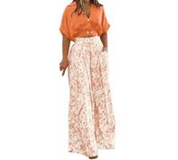 NSICBMNO Orange 2 Piece Outfits Women Summer Co Ord Sets Floral Trousers Short Sleeve Blouses Crop Tops Lounge Sets Boho Wide Leg Trousers V Neck Shirt Travel Outfit Airport Set For Holiday Beach