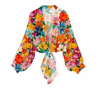 NSICBMNO Orange Bolero Shrug for Women Summer Chiffon Cardigan Long Sleeve Cropped Cardigans Lightweight Cover Ups Tie Front Cardigan Floral Kimono Jacket Sheer Shawl Cape for Dresses Beach Wedding