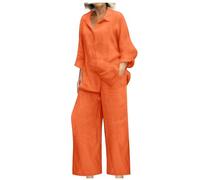 NSICBMNO Orange Co Ord Sets For Women Summer Two Piece Outfit Cotton Linen Trousers Elasticated Waist Trousers V Neck Shirts Long Sleeve Blouses Button Down Shirt Ladies Loungewear Sets Plus Size
