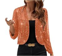 NSICBMNO Orange Sequin Jackets for Women Sparkly Cardigans - Long Sleeve Cardigan Cropped Jackets, Glitter Party Tops Open Front Cardigans, Mesh Top Lightweight Cardigan for Going Out Club Party