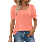 NSICBMNO Orange Summer Short Sleeve Blouses Ruffle Puff Sleeve Top Square Neck T Shirts Oversized T Shirts Tunic Tops Casual Loose Blouses for Beach Club Party Streetwear
