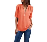 NSICBMNO Orange Women's Summer Tops Long Length T Shirts Short Sleeve Blouses V Neck T Shirts Half Zip Top Chiffon Blouses Tunic Tshirt Flowy Top Casual Loose for Going Out Holiday Beach