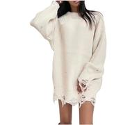NSICBMNO Oversized Jumper Women Long Baggy Jumper Dress Ripped Knitted Balloon Sleeve Blouse Pullover Sweater Crew Neck Frayed Longline Tops Chunky Knit Sweater Harajuku