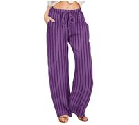 NSICBMNO Palazzo Trousers for Women UK Wide Leg Striped Trousers Casual Work with Pockets Elasticated Waist Summer Lounge Pants Plus Size Baggy for Holiday Beach