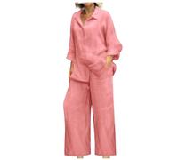 NSICBMNO Pink 2 Piece Outfits Women Linen Co Ord Sets Summer Lounge Sets Plus Size Wide Leg Trousers Oversized Button Up Shirts Casual Tracksuit Long Sleeve Tops Palazzo Pants For Beach Srteetwear