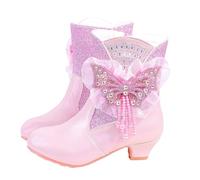 NSICBMNO Pink Ankle Boots For Girls Princess Shoes Glitter Mid Calf Side Zipper Snow Boots Sparkling Diamond Butterfly High Heels Boot Fleece Warm Soft Zipper Casual Shoes For Kids 3-12 Years