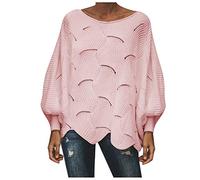 NSICBMNO Pink Batwing Jumpers for Women UK Plus Size Crochet Jumper Oversized Jumper Round Neck Sweater Long Sleeve Tops Slouch Sweater Lightweight Knit Pullover Casual Streetwear