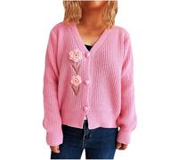 NSICBMNO Pink Chunky Cardigans for Women UK Knitted Jumpers Floral Crochet Cardigan Button Up Sweater V Neck Jumpers Open Front Cardigans Knitted Long Sleeve Tops Casual Sweater Tops Knitwear