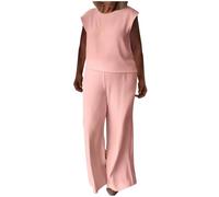 NSICBMNO Pink Co Ord Sets For Women 2 Piece Summer Outfits Sleeveless Tank Tops Elegant Wide Leg Trousers Chiffon Wedding Outfits Ladies Round Neck Vests Flared Pants Lounge Sets Casual Tracksuits