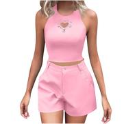 NSICBMNO Pink Co Ord Sets For Women Going Out Outfits Y2K Halter Neck Crop Tops Love Heart Cut Out Top Tailored Shorts Summer Tracksuits 2 Piece Outfits Sleeveless Lounge Set For Club Streetwear