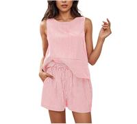 NSICBMNO Pink Co Ord Sets For Women Summer 2 Piece Outfits Sleeveless Tank Top Matching Shorts Sets Striped Tracksuit Round Neck Vests Drawstring Shorts Casual Outfits For Holiday Beach Streetwear