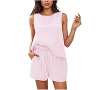 NSICBMNO Pink Co Ord Sets For Women Summer 2 Piece Outfits Sleeveless Tank Top Matching Shorts Sets Striped Tracksuit Round Neck Vests Drawstring Shorts Casual Outfits For Holiday Beach Streetwear