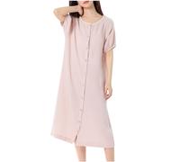 NSICBMNO Pink Cotton Dressing Gowns For Women Uk Lightweight Housecoats Button Up Nighties Short Sleeve Pyjamas Nightwear Long Nightgowns Open Front Nightdress Soft Bath Robes Sleepwear Loungewear