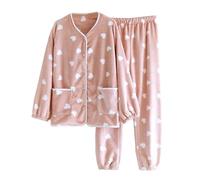 NSICBMNO Pink Fleece Pyjamas Women Button Up Pjs Fluffy Cardigan Ruffle Blouses Straight Leg Trousers 2 Piece Outfits Winter Loungewear Sets Long Sleeve Shirts Thermal Pj Bottoms Cozy Warm Pyjamas