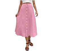 NSICBMNO Pink Long Skirts for Women UK - Elasticated Waist, A Line, Pleated, Button Up, Flared, Boho, Summer, Casual, Work, Beach, Midi Skirt