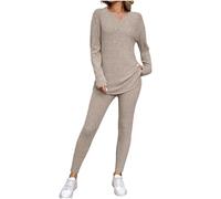NSICBMNO Pink Lounge Wear Sets For Women Uk 2 Piece Outfits Ribbed Leggings Long Sleeve Tunic Tops Knitted Co Ord Set V Neck Jumpers Yoga Pants Airport Travel Outfit Casual Tracksuit Activewear