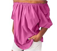 NSICBMNO Pink Off The Shoulder Tops for Women Short Sleeve Blouses Plus Size Cotton Linen Casual Oversized Tunic Top Baggy T Shirts Ruched Summer Tops Loose Blouses for Going Out Y2K Holiday Beach