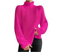 NSICBMNO Pink Oversized Jumper Women Turtleneck Sweater Cowl Neck Tops Longline Jumpers Knitted Long Sleeve Top Chunky Jumpers Slouch Sweater Pullover Baggy Jumper Street Wear Blouse Top Plus Size