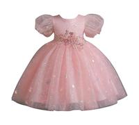 NSICBMNO Pink Princess Dress for Girls Tulle Dresses Puff Sleeve Flower Embroidery Sequin Dress Birthday Party Wedding Bridesmaid Girl Evening Dresses Bridesmaid Prom Formal Ball Gown 3-13 Years