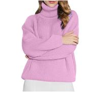 NSICBMNO Pink Roll Neck Jumpers for Women UK Oversized Knitted Jumper Ribbed Sweater Long Sleeve Tops Ladies Ribbed Polo Neck Jumpers Chunky Knit Sweater Baggy Sweatshirt Tunic Blouses Plus Size