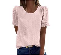 NSICBMNO Pink Summer Broderie Anglaise Tops Puff Sleeve Lace Top Swiss Dot Chiffon Blouse Round Neck Tshirt Loose Casual Blouses for Office Work Beach Lounge Streetwear
