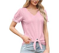 NSICBMNO Pink Summer Tops for Women UK Ruffle Short Sleeve Blouse Eyelet Tops Tie Front Top V Neck Tshirt Oversized Baggy T Shirts Casual Tshirt Going Out Blouses for Holiday Beach Office Work