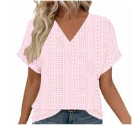 NSICBMNO Pink Summer Tops for Women UK Short Sleeve Blouses Eyelet Embroidery Top V Neck Tshirt Over Sized T Shirts Boho Tunics Baggy Tshirts Casual Loose Blouses for Holiday Beach Office Work