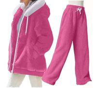 NSICBMNO Pink Tracksuit Womens Full Set Winter 2 Piece Outfits Fluffy Trousers Fleece Jacket With Faux Fur Hood Co Ord Sets Oversized Zip Up Hoodie Wide Leg Joggers Fleece Lounge Sets Jogging Suits