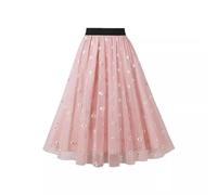 NSICBMNO Pink Tulle Skirts for Women UK Long Pleated Skirts Floral Midi Ladies Summer Tiered Skirt Lace Layered Mesh Skirt Elasticated Waist A Line Flared