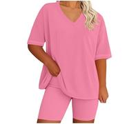 NSICBMNO Pink Two Piece Outfit Women Plus Size Co Ord Sets Oversized V Neck T Shirts Y2K Short Sleeve Tunic Tops Cycling Shorts Casual Tracksuit Lounge Wear Sets Summer Outfits For Yoga Work Beach
