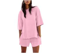 NSICBMNO Pink Two Piece Outfit Women Y2K Tracksuit Oversized T Shirts Short Sleeve Tunic Tops Running Shorts Jogger Shorts Co Ord Sets Summer Lounge Wear Sets Travel Outfit Gym Set With Pockets