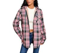 NSICBMNO Pink Winter Jackets For Women Uk, Ladies Zip Up Hoodies, Checked Fleece Jacket With Pockets，Sherpa Fleece Lined Hoodie，Plaid Shacket, Oversized Sweatshirt Drawstring Hoodie, Tunic Tops M