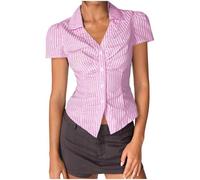 NSICBMNO Pink Womens Summer Tops Short Sleeve Shirt Ladies Striped Button Up Blouses Y2K V Neck T Shirts Slim Fit Shirt Going Out Tops Casual Blouses for Office Work Holiday Beach Streetwear