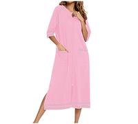 NSICBMNO Pink Zip Dressing Gowns For Women Uk Cotton Pyjamas Summer Bed Jackets Ladies Nightwear Long Bath Robes Short Sleeve Long House Coat With Full Zip Nightgonw With Pockets Bathrobe Homewear