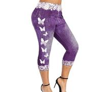 NSICBMNO Plus Size Cropped Jeans for Women UK 3/4 Length Leggings High Waisted Trousers Plus Size Capri Pants Stretch Denim Shorts Lace Jeggings Stretchy Pants Yoga for Sports Workout Gym