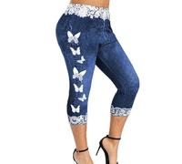 NSICBMNO Plus Size Cropped Jeans for Women UK 3/4 Length Leggings High Waisted Trousers Plus Size Capri Pants Stretch Denim Shorts Lace Jeggings Stretchy Pants Yoga for Sports Workout Gym