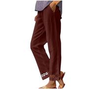 NSICBMNO Pull On Trousers for Women UK, Womens Linen Trousers Straight Leg Joggers Lightweight Summer Elasticated Waist Bottoms Loose Lounge Pants Hollow Out Yoga Pants, Wine
