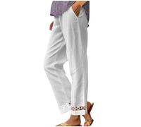 NSICBMNO Pull On Trousers for Women UK, Womens Linen Trousers Straight Leg Joggers Lightweight Summer Elasticated Waist Bottoms Loose Lounge Pants Hollow Out Yoga Pants, White