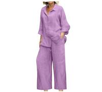 NSICBMNO Purple 2 Piece Outfits Women Linen Co Ord Sets Summer Lounge Wear Sets Wide Leg Trousers Oversized Button Up Shirts Casual Tracksuit Long Sleeve Tops Elastic Waist Trousers With Pockets
