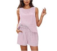 NSICBMNO Purple Co Ord Sets For Women Summer 2 Piece Outfits Sleeveless Tank Top Matching Shorts Sets Striped Tracksuit Round Neck Vests Drawstring Shorts Casual Outfits For Holiday Beach Streetwear