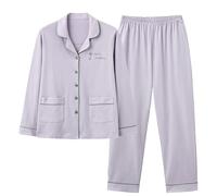 NSICBMNO Purple Cotton Pyjamas For Women Uk Long Sleeve Pjs Winter Two Piece Outfit Lounge Wear Sets Floral Blouses Button Up Shirts Elastic Waist Trousers Pj Bottoms Nightwear Sleepwear Plus Size