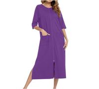 NSICBMNO Purple Long Nighties For Women Zip Dressing Gowns Lightweight Bathrobes Summer Pyjamas Short Sleeve Nightdresses Nightgowns Soft Nighties Nightwear Housecoats Nightdresses With Pockets