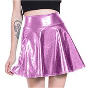 NSICBMNO Purple Mini Skirts for Women UK Sexy Pleated Skirt Shiny Metallic Skirt Flared Skater Wet Look Short High Waist A Line Festival Rave Outfit for Disco Dance Party Clubwear