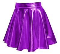 NSICBMNO Purple Mini Skirts for Women UK Sexy Pleated Skirt Shiny Metallic Skirt Flared Skater Wet Look Short High Waist A Line Festival Rave Outfit for Disco Dance Party Clubwear