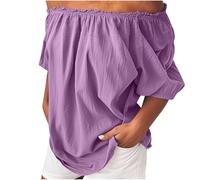 NSICBMNO Purple Off The Shoulder Tops for Women Short Sleeve Blouses Plus Size Cotton Linen Casual Oversized Tunic Top Baggy T Shirts Ruched Summer Tops Loose Blouses for Going Out Y2K Holiday Beach