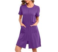 NSICBMNO Purple Summer Pyjamas For Women Uk Zip Up Dressing Gowns Short Sleeve Nighties Lightweight Bath Robes Round Neck Cardigans Nightwear Short Nightdresses Nightgowns With Pockets House Coats